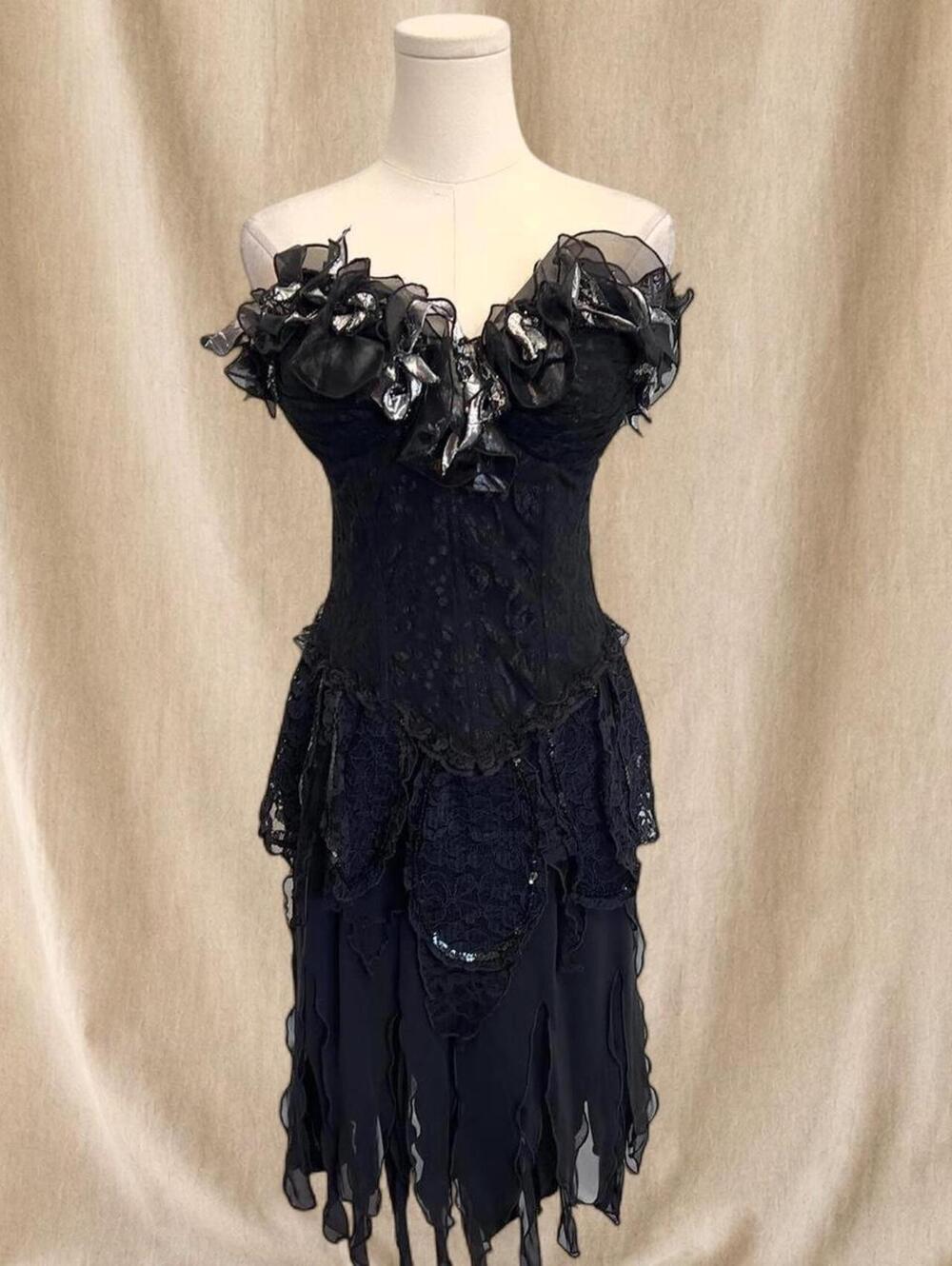 Insane black lace corset dress with ruffles and sequins
